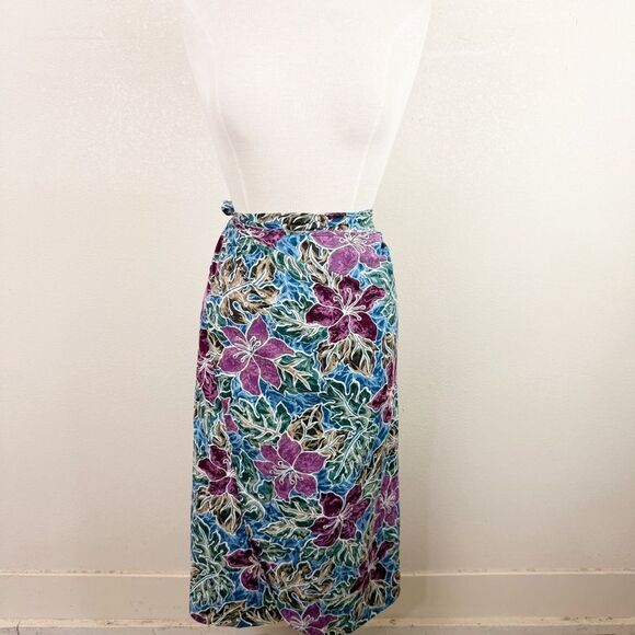 Hilo Hattie Blue and Purple Floral Sarong Skirt Wrap Tie Midi Vintage - Picture 1 of 6